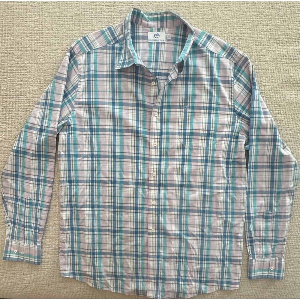 Southern Tide Men's Plaid Classic Fit Long Sleeve Shirt Blue White Plaid XXL